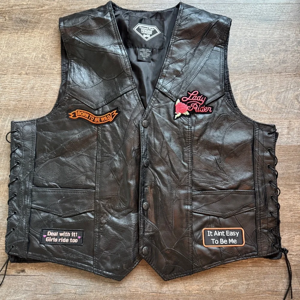 Diamond Plate Buffalo Leather Black Biker Vest with Patches Embroidered Mens XL‎
